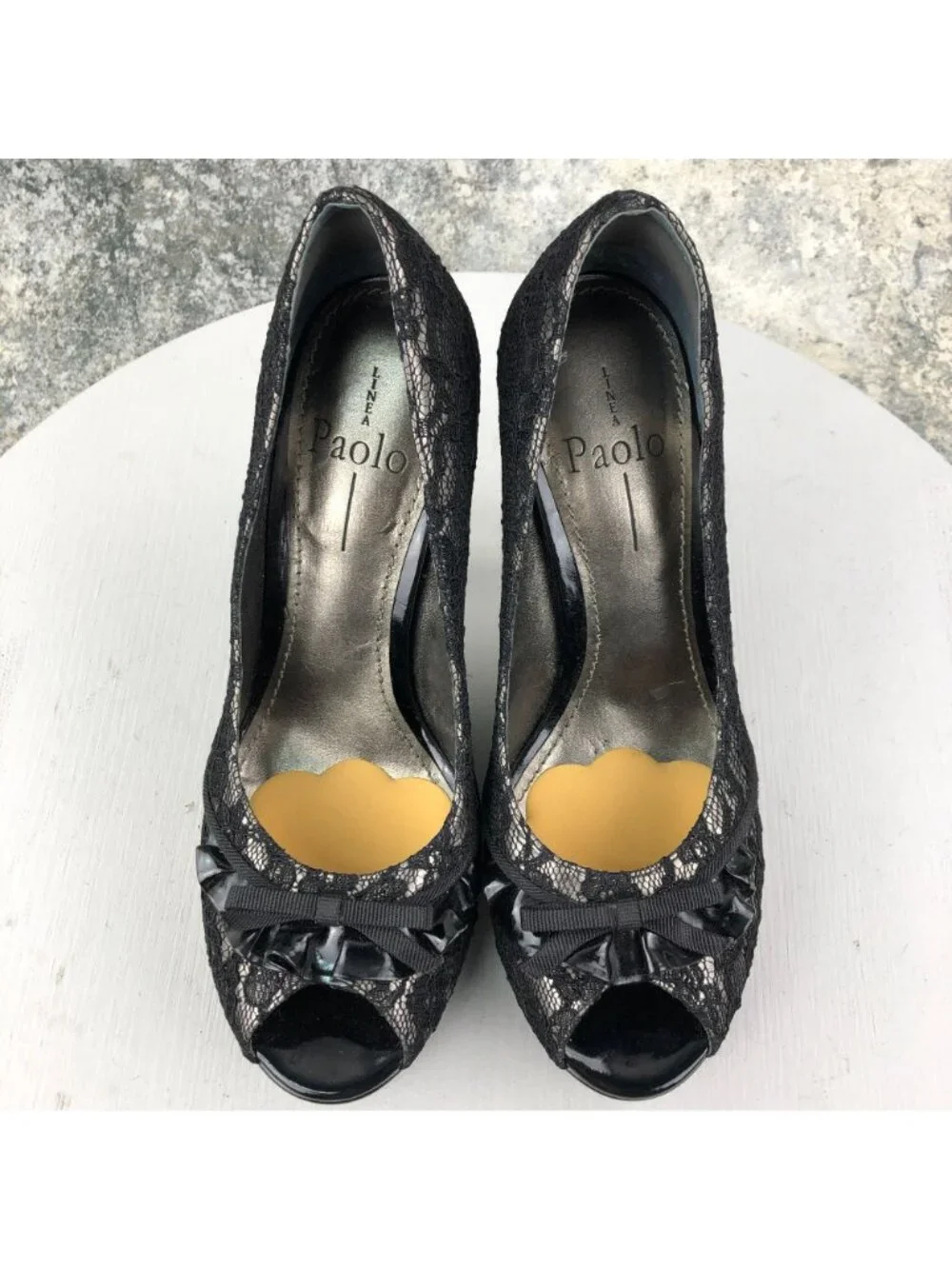 Linea Paolo Women's Size 7.5M Black Floral Lace Peep Toe High Heel Pumps Heels